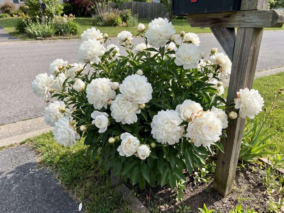 Duchess de Nemours peony plants in bloom in a garden