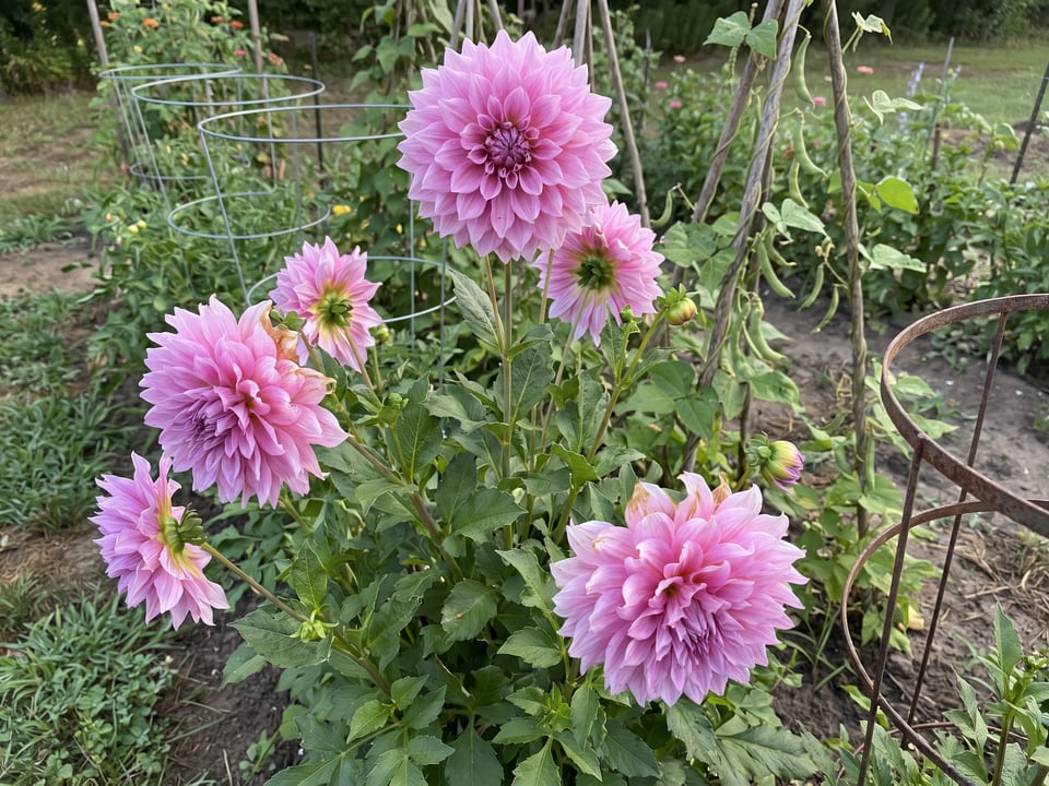 Emory Paul dahlia plants in bloom in a garden