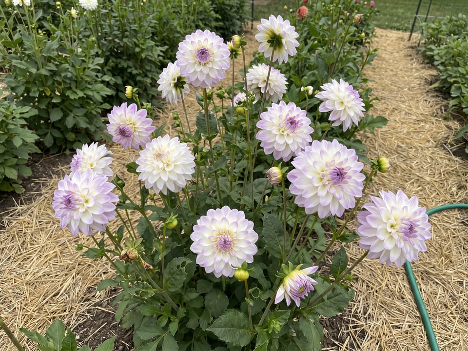 Eveline dahlia plants in bloom in a garden