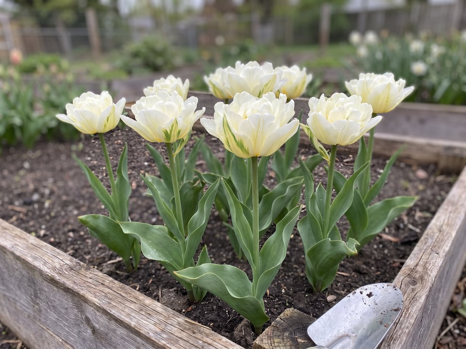 Exotic Emperor tulip plants in bloom in a garden