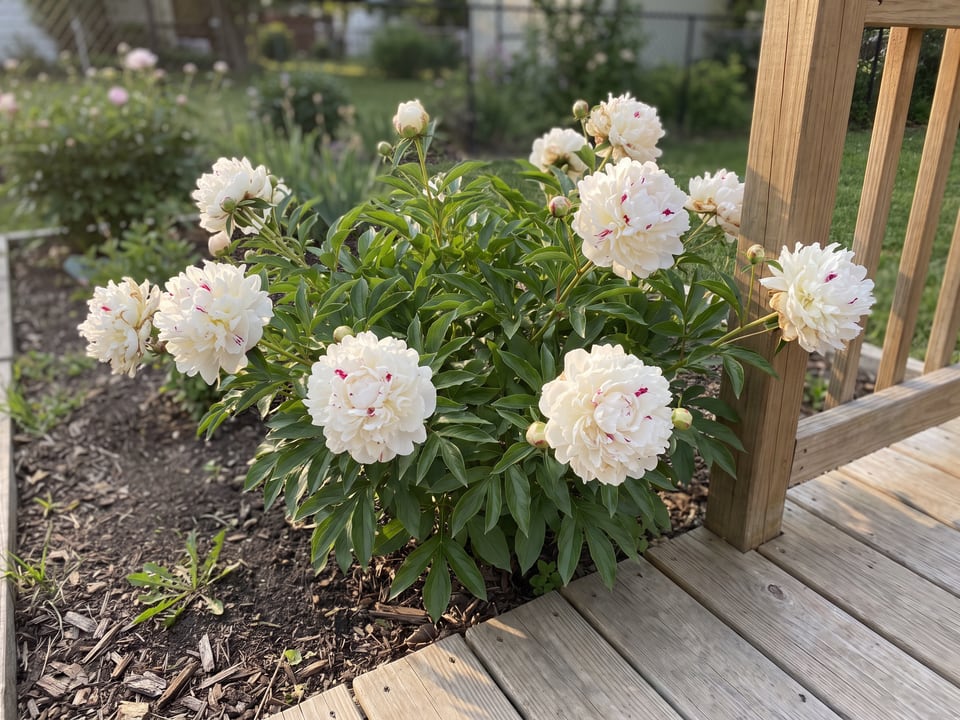 Festiva Maxima peony plants in bloom in a garden