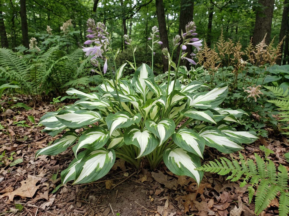 A Fire and Ice hosta clump growing in a shade garden