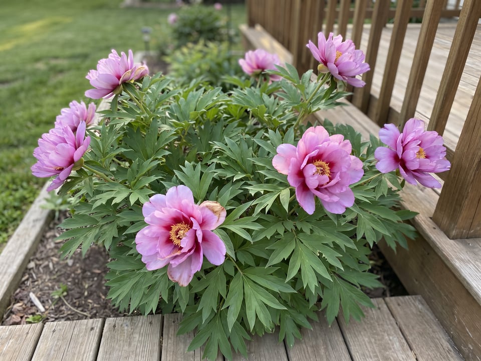 First Arrival peony plants in bloom in a garden