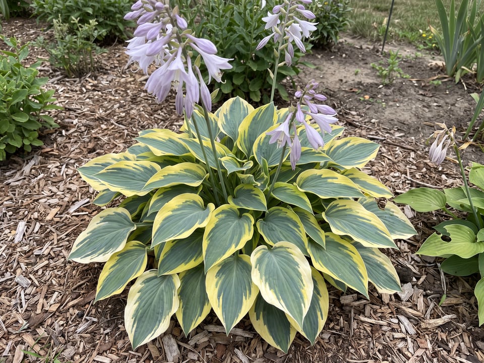 A First Frost hosta clump growing in a shade garden