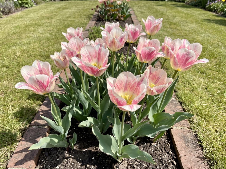 Flaming Purissima tulip plants in bloom in a garden