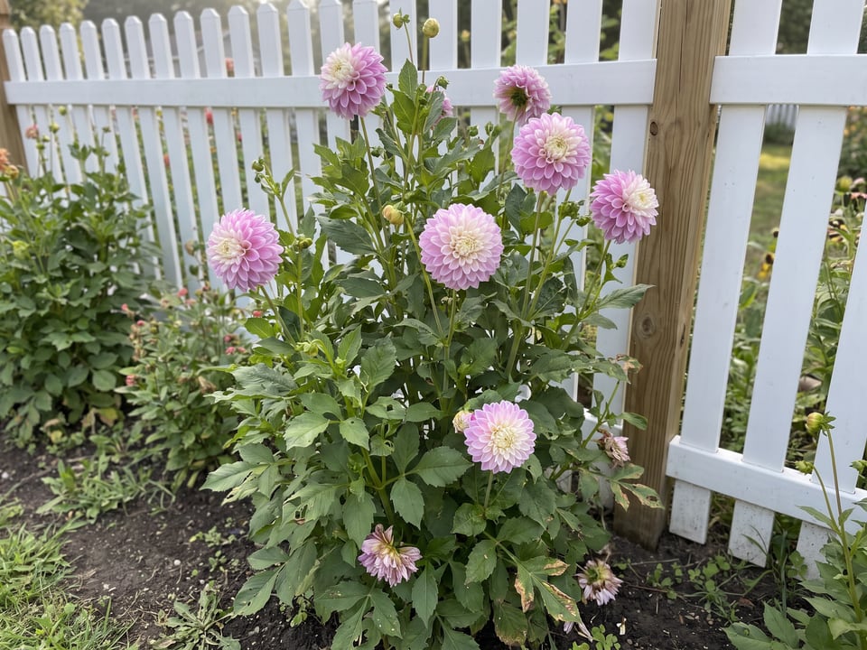 Fluffles dahlia plants in bloom in a garden