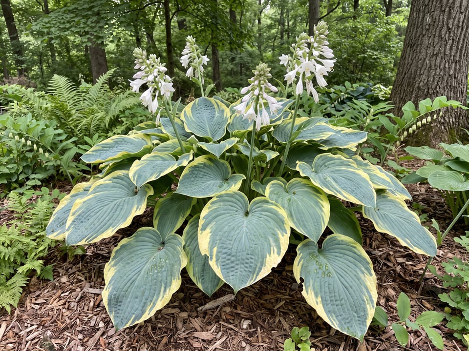 A Frances Williams hosta clump growing in a shade garden