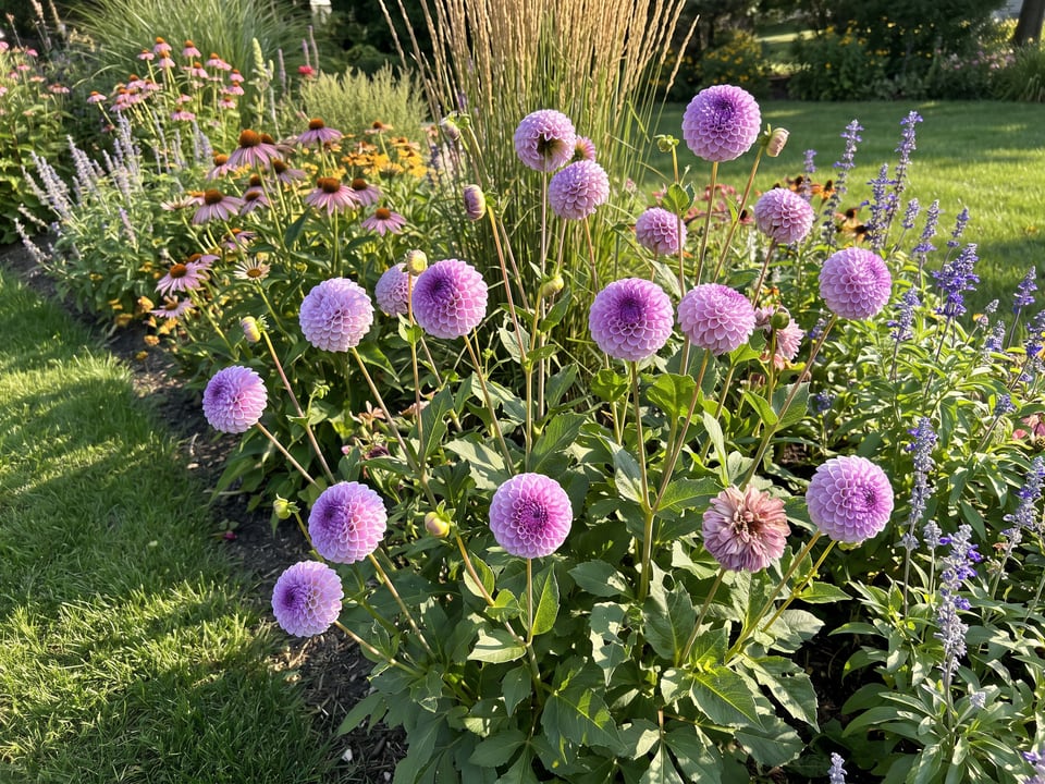 Frank Holmes dahlia plants in bloom in a garden