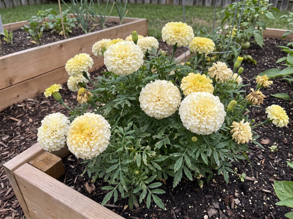 French Vanilla marigold plants in bloom in a garden