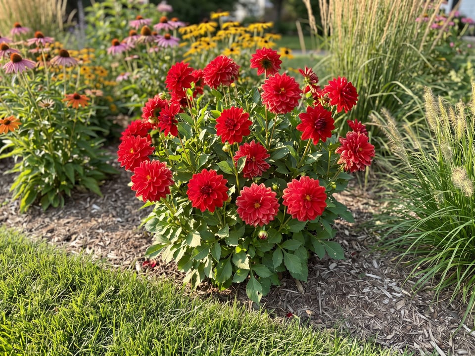 Gallery Singer dahlia plants in bloom in a garden