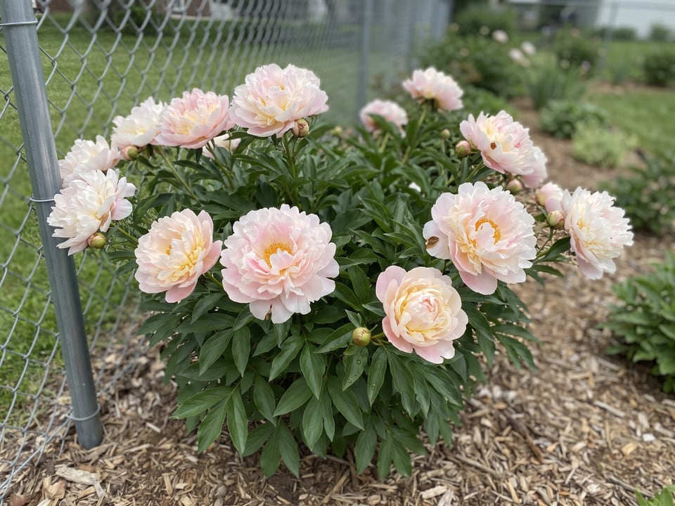Gardenia peony plants in bloom in a garden