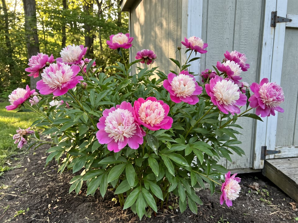 Gay Paree peony plants in bloom in a garden