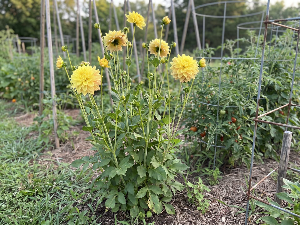 Glorie van Heemstede dahlia plants in bloom in a garden