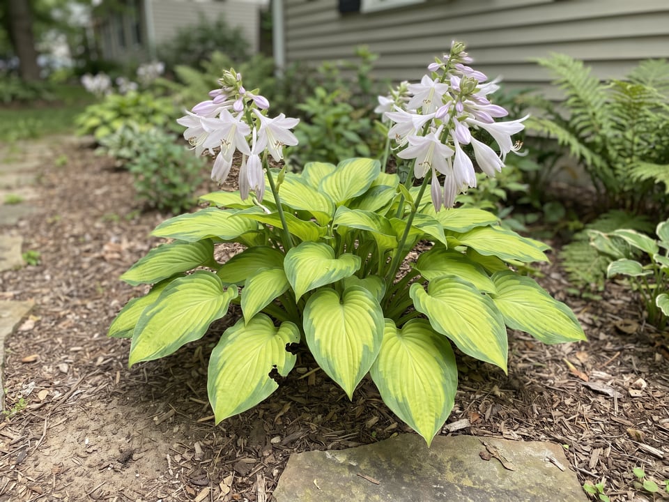 A Guacamole hosta clump growing in a shade garden
