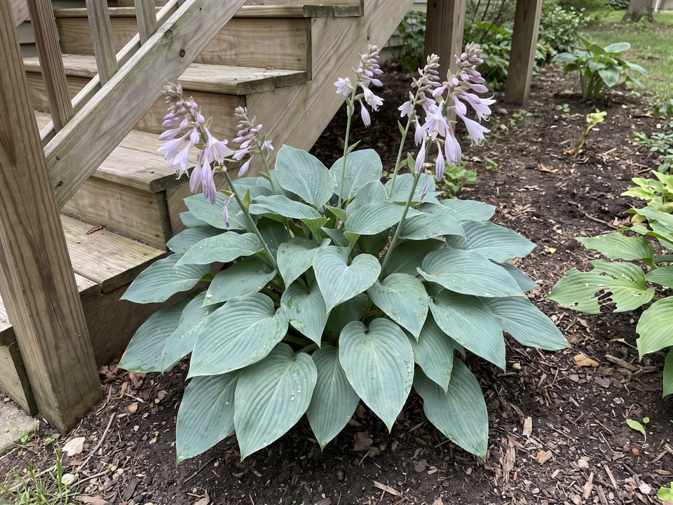 A Halcyon hosta clump growing in a shade garden