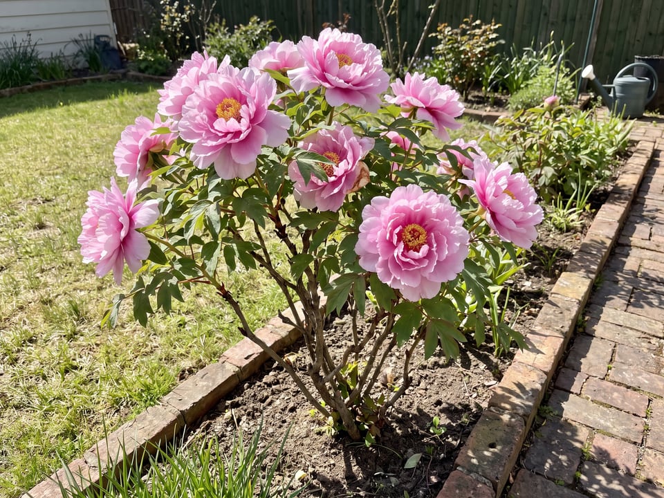 Hanakisoi peony plants in bloom in a garden