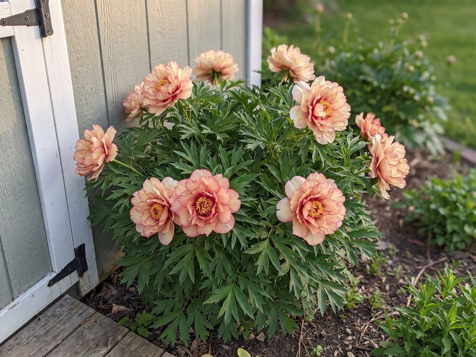 Hillary peony plants in bloom in a garden
