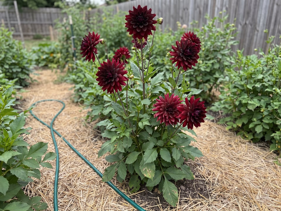 Hollyhill Black Beauty dahlia plants in bloom in a garden