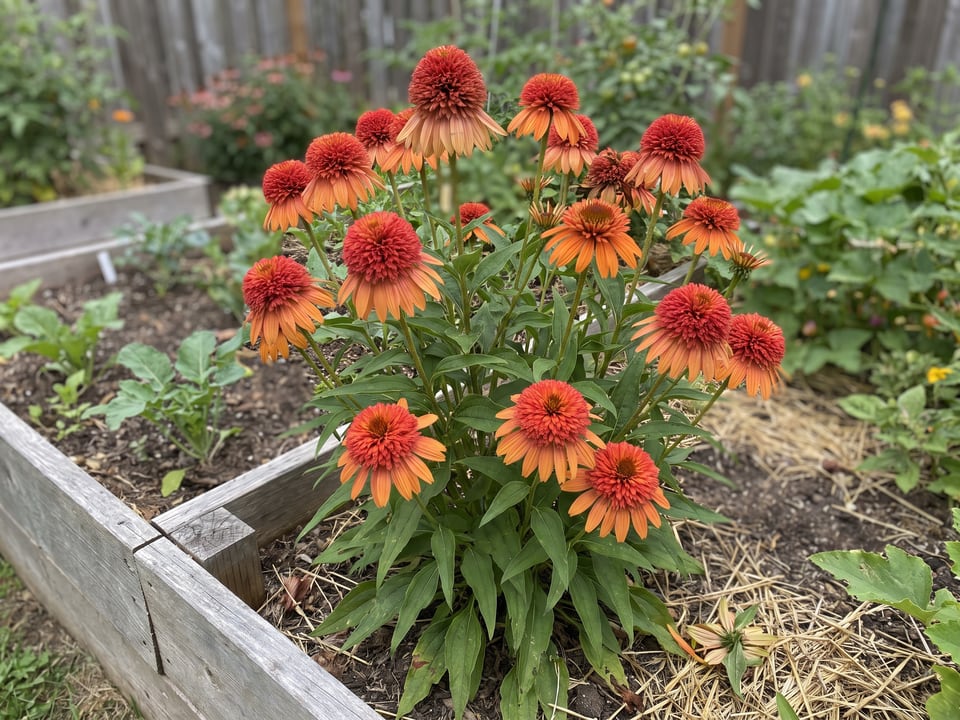Hot Papaya coneflower plants in bloom in a garden