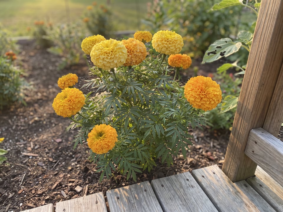 Inca II marigold plants in bloom in a garden