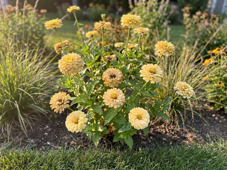 Isabellina zinnia plants in bloom in a garden