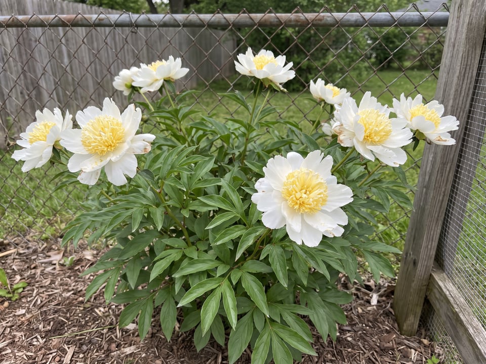 Jan van Leeuwen peony plants in bloom in a garden