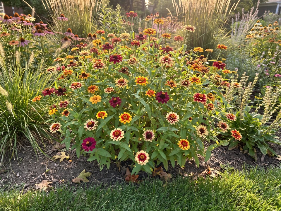 Jazzy Mix zinnia plants in bloom in a garden