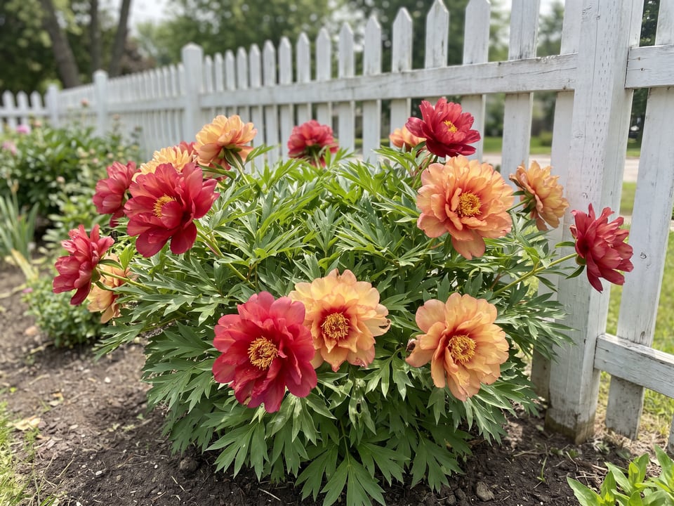 Julia Rose peony plants in bloom in a garden