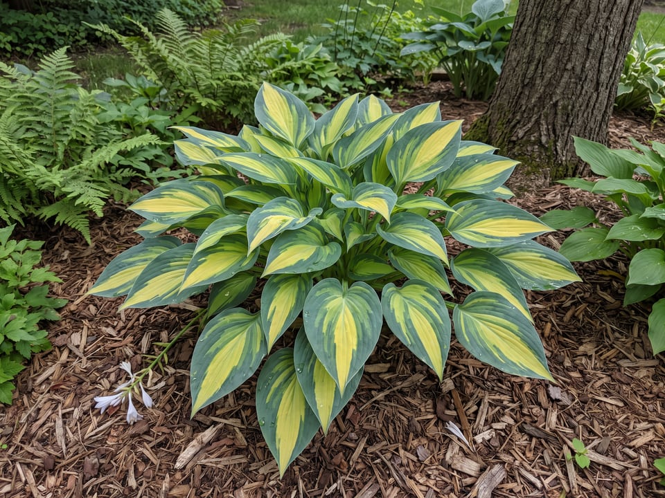 A June hosta clump growing in a shade garden