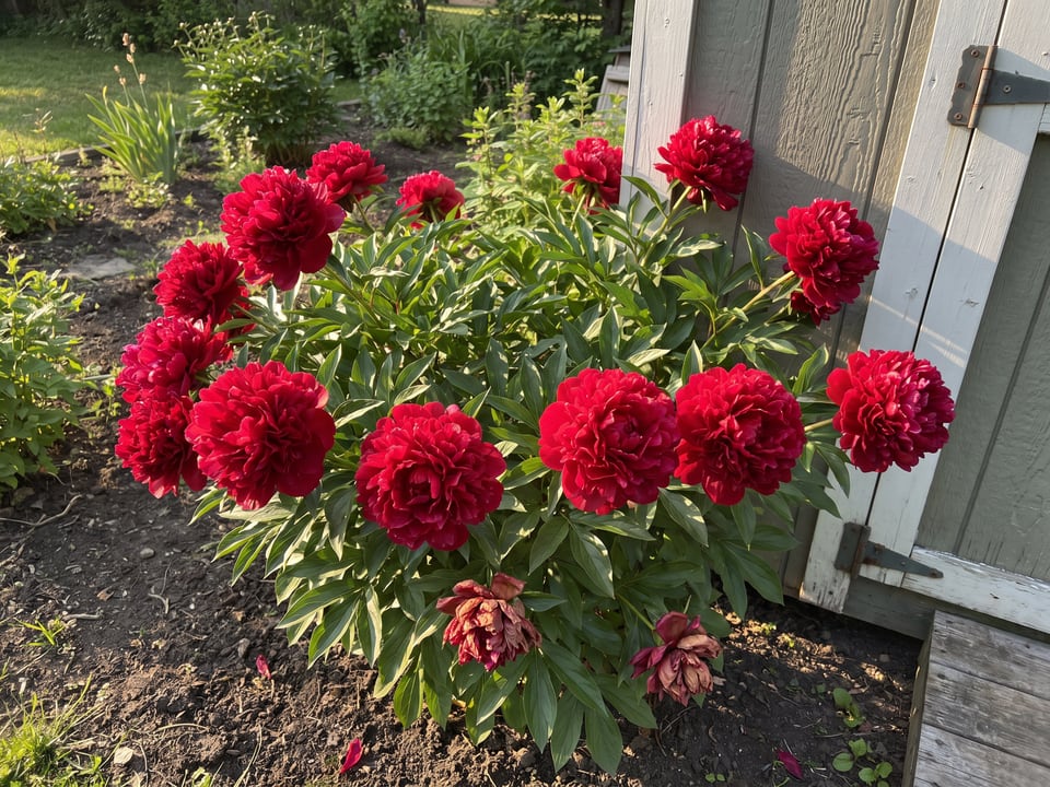 Karl Rosenfield peony plants in bloom in a garden