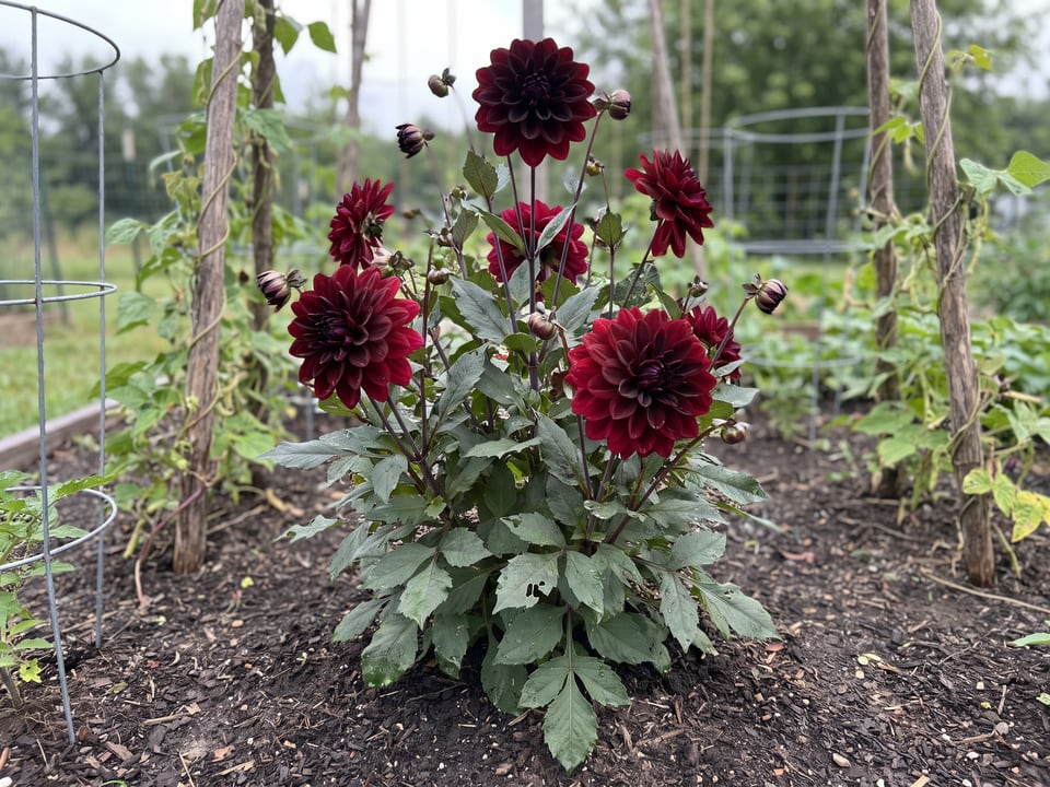 Karma Choc dahlia plants in bloom in a garden