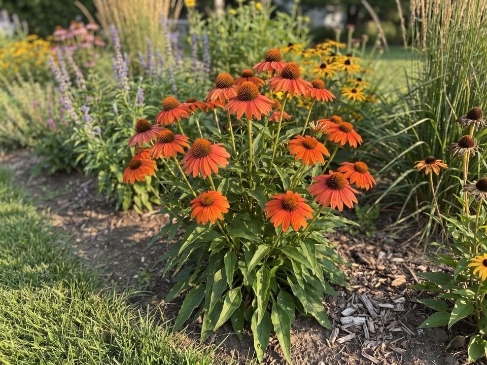 Kismet Intense Orange coneflower plants in bloom in a garden
