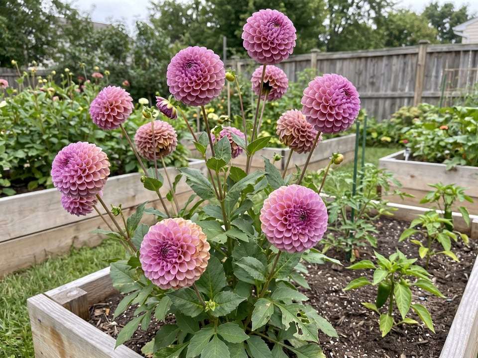 Koko Puff dahlia plants in bloom in a garden