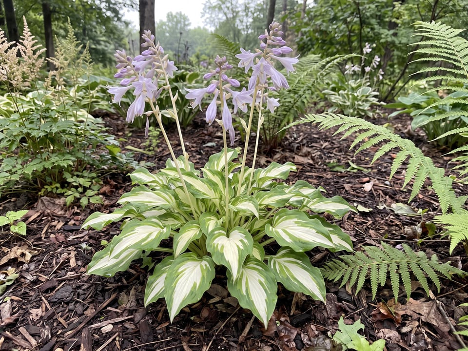 A Lakeside Paisley Print hosta clump growing in a shade garden