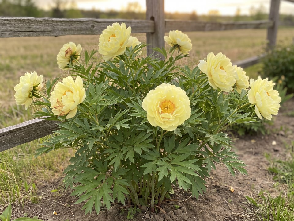 Lemon Chiffon peony plants in bloom in a garden