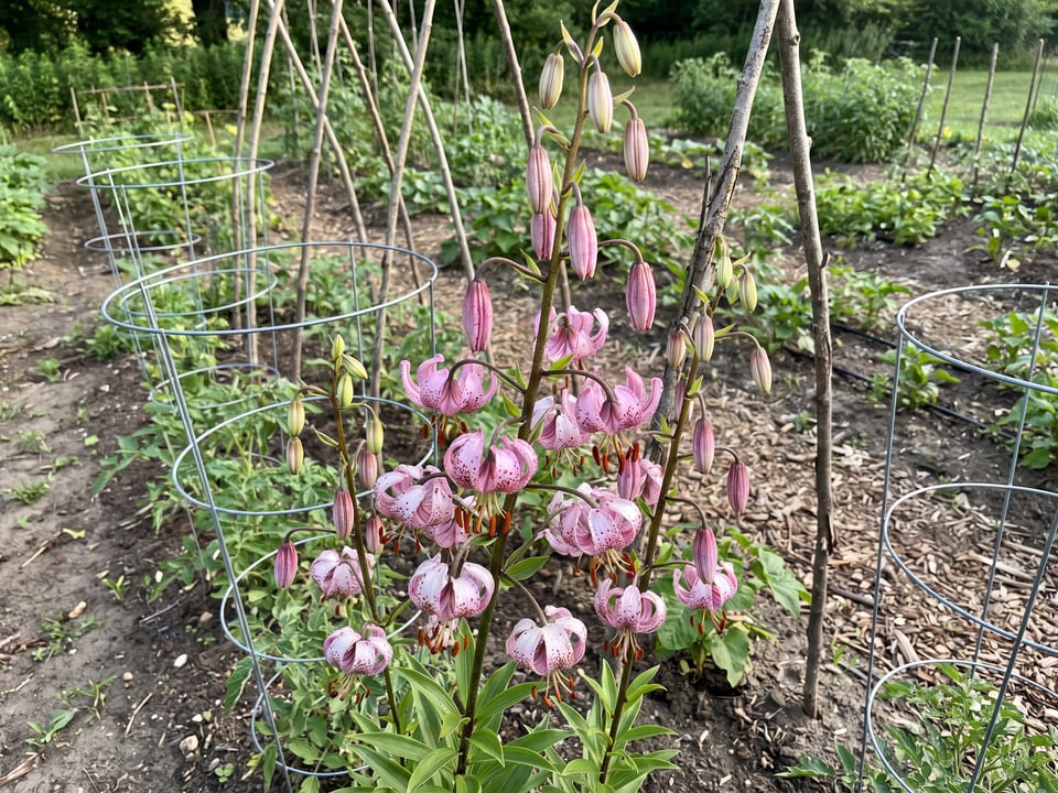Lilium martagon lily plants in bloom in a garden