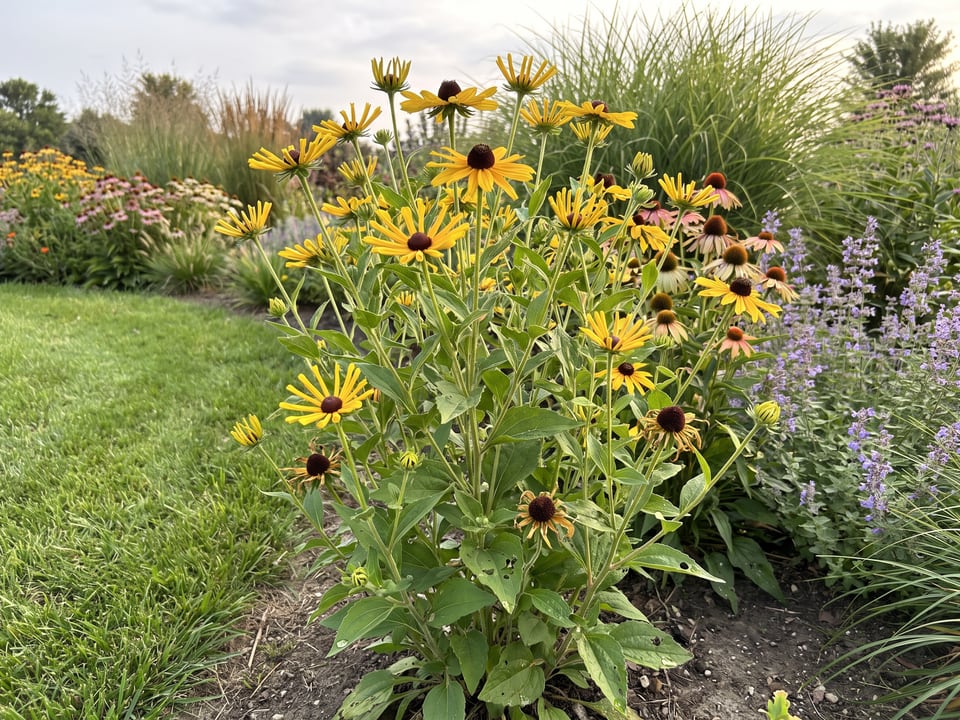 Little Henry black-eyed Susan plants in bloom in a garden