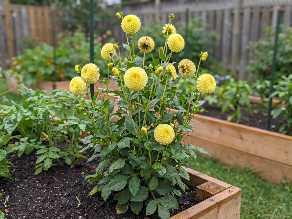 Little Scottie dahlia plants in bloom in a garden
