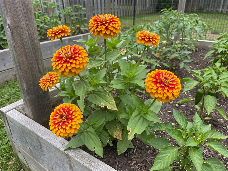 Macarenia zinnia plants in bloom in a garden
