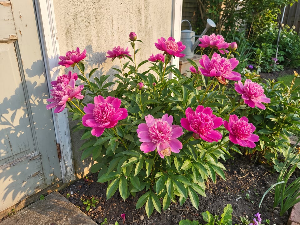 Madame Butterfly peony plants in bloom in a garden