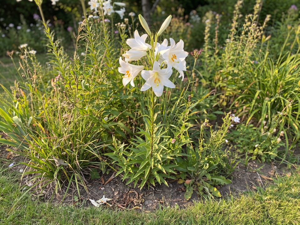 Madonna lily lily plants in bloom in a garden