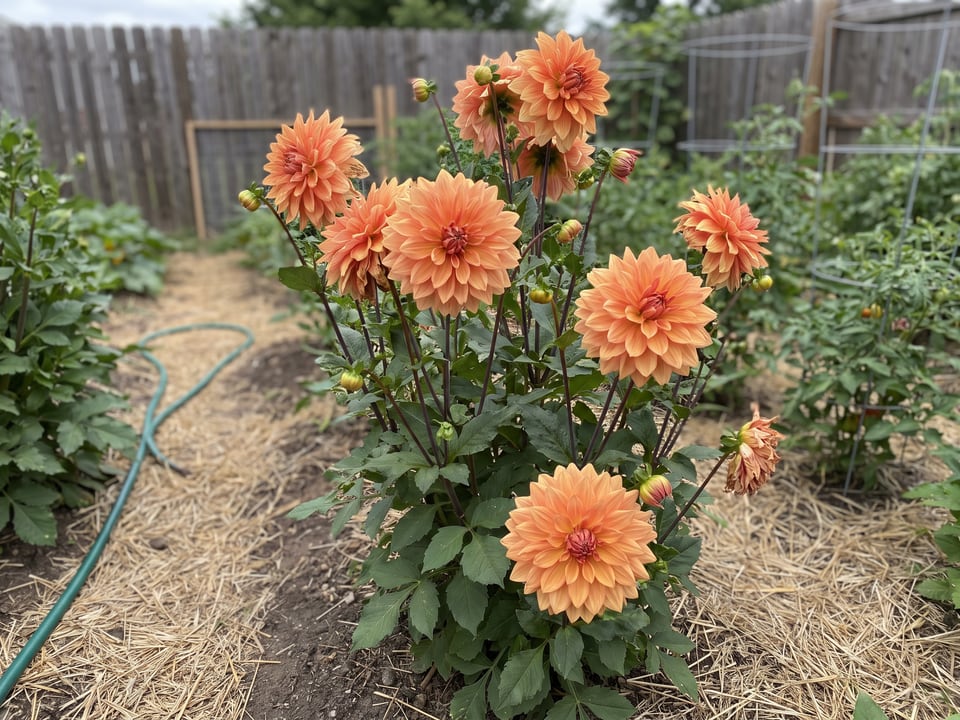 Mango Madness dahlia plants in bloom in a garden