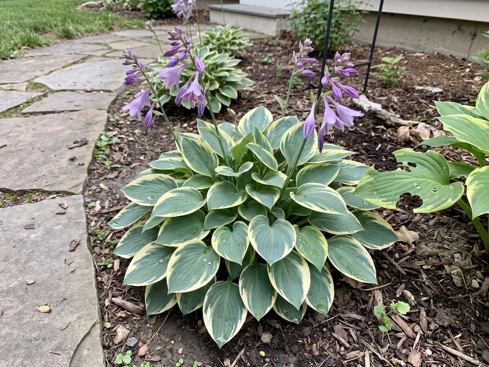 A Mighty Mouse hosta clump growing in a shade garden