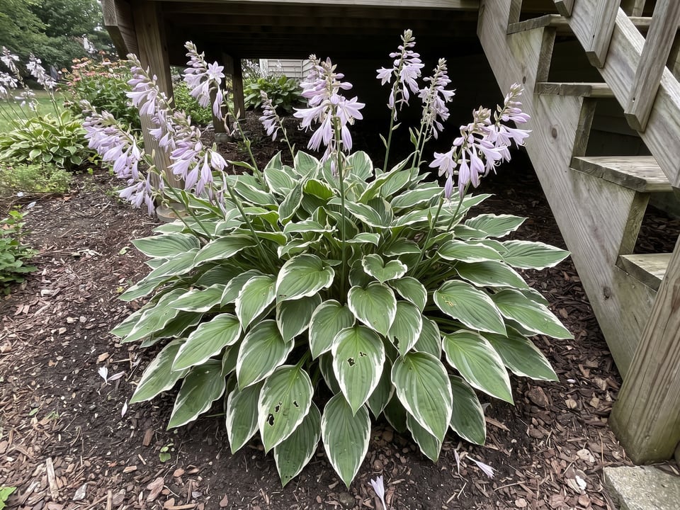 A Minuteman hosta clump growing in a shade garden