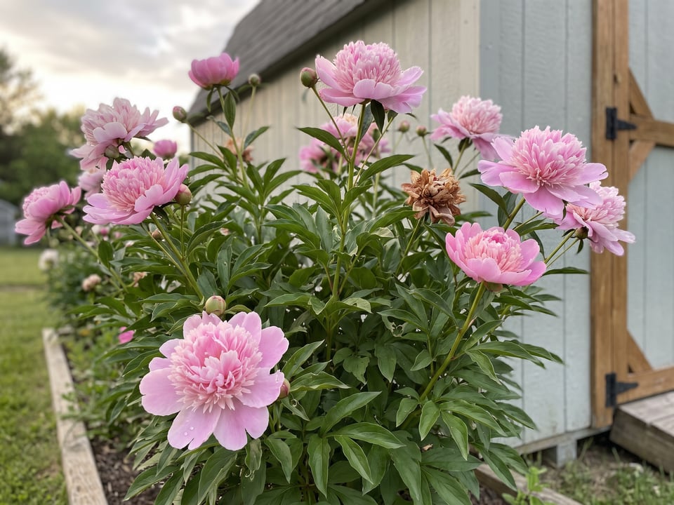 Monsieur Jules Elie peony plants in bloom in a garden