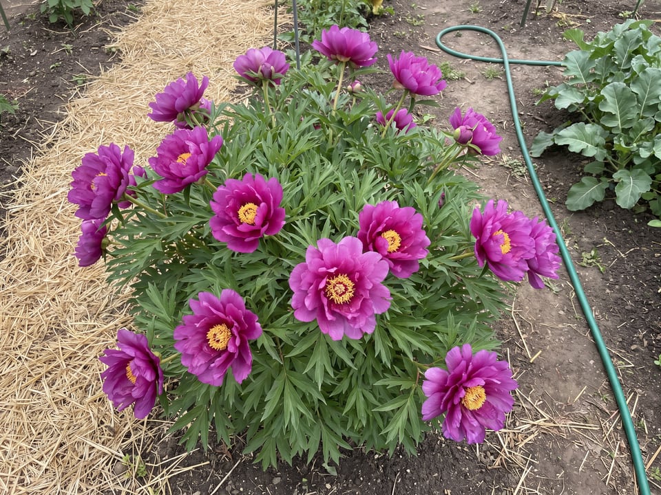 Morning Lilac peony plants in bloom in a garden