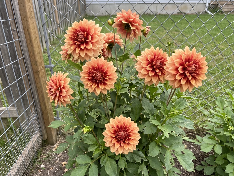 Nicholas dahlia plants in bloom in a garden