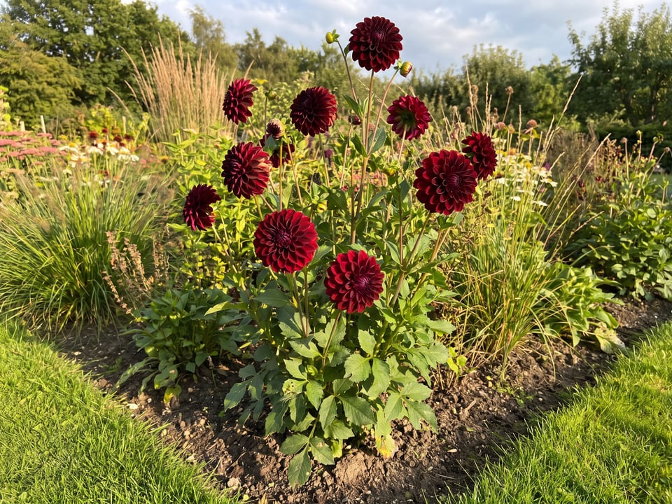 Nighty Night dahlia plants in bloom in a garden