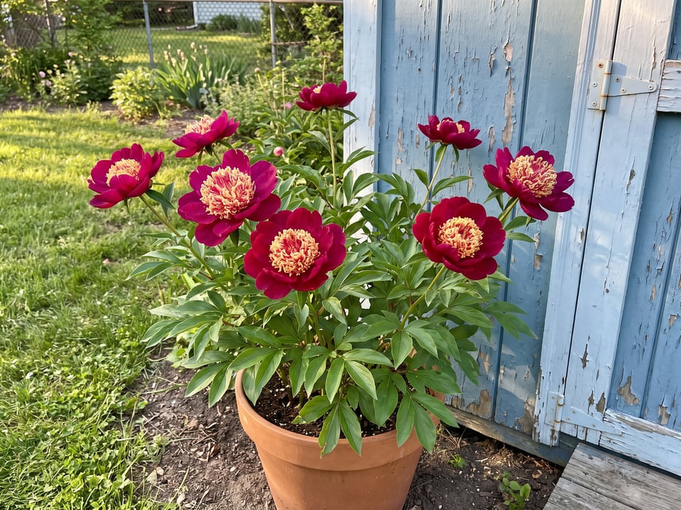 Nippon Beauty peony plants in bloom in a garden