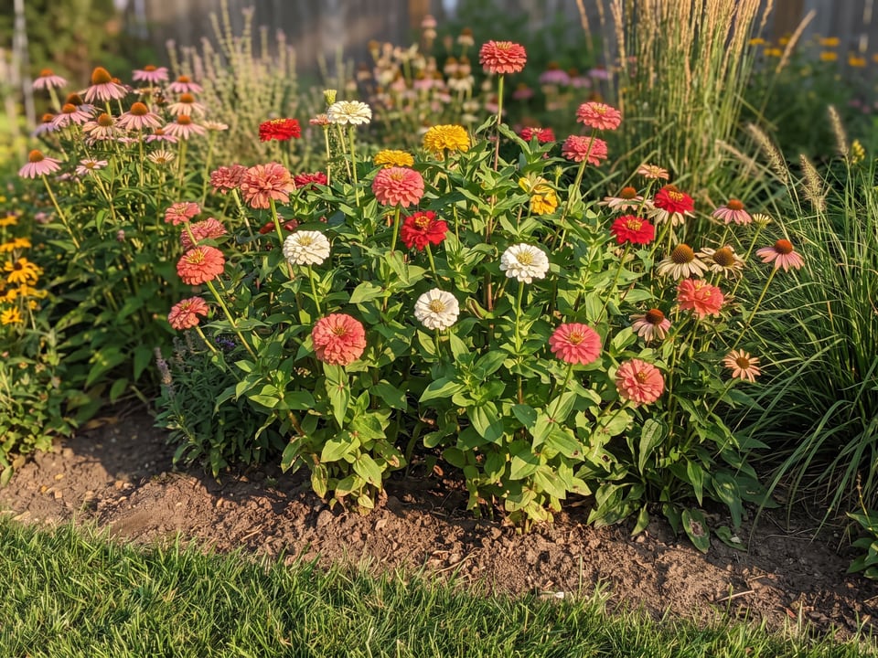 Oklahoma zinnia plants in bloom in a garden